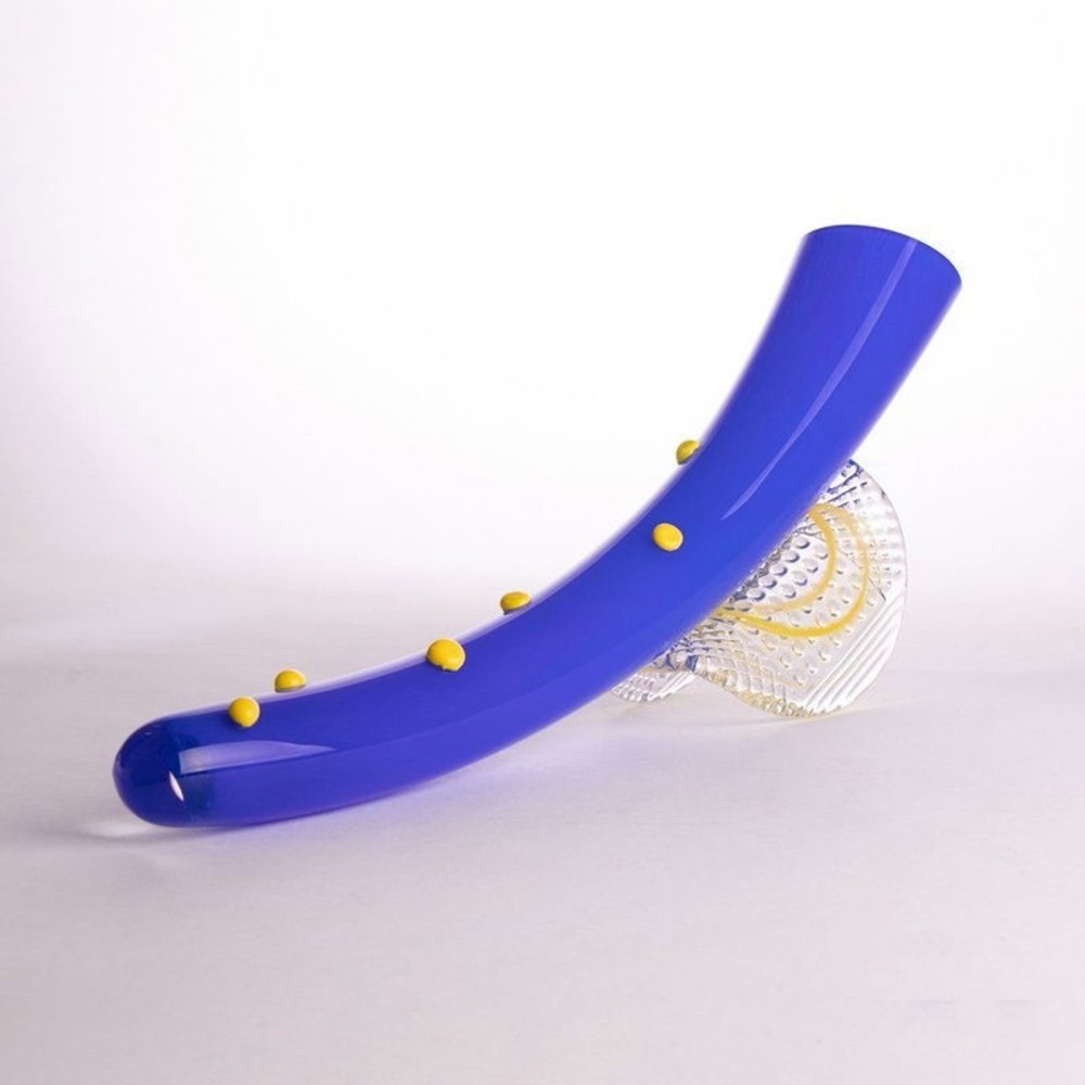 Vintage Art Deco Fish Cornucopia Horn Vase Blue Yellow Czech Glass by Sun Design